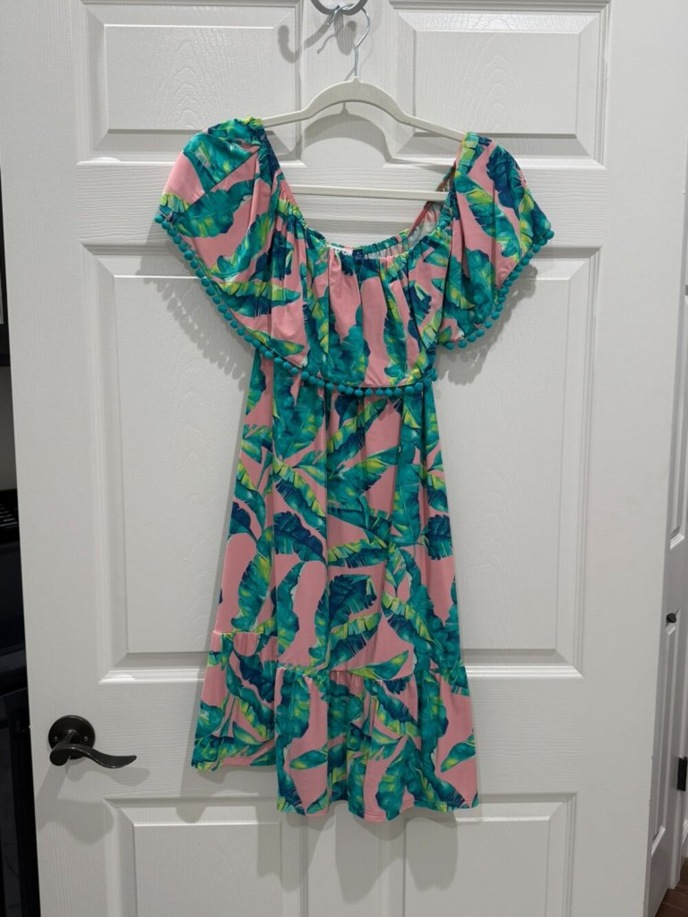 Cabana Life Tropical Palm Leaf Off Shoulder Pom Pom Dress Size M